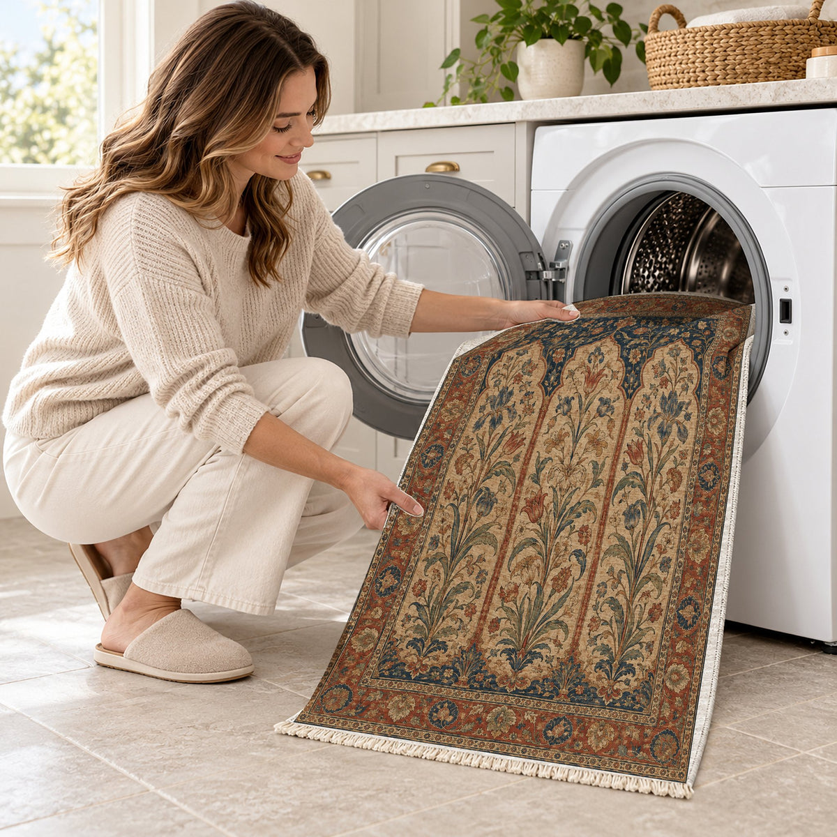 Lily Niches Indigo & Rust washable rug being loaded into a washing machine