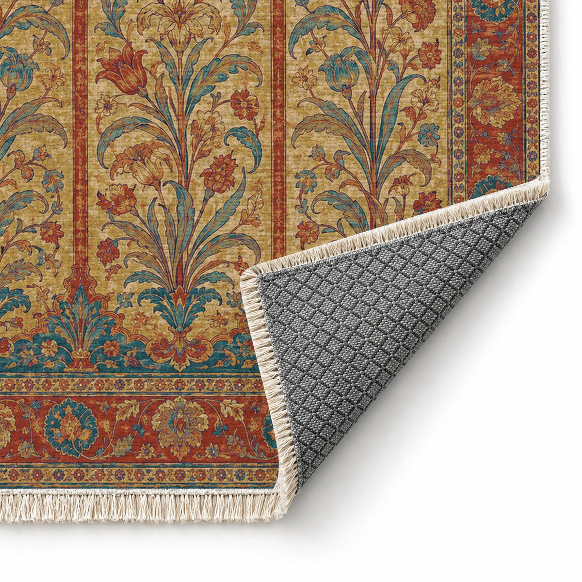 Lily Niches Peacock & Ochre washable rug folded corner showing the backing