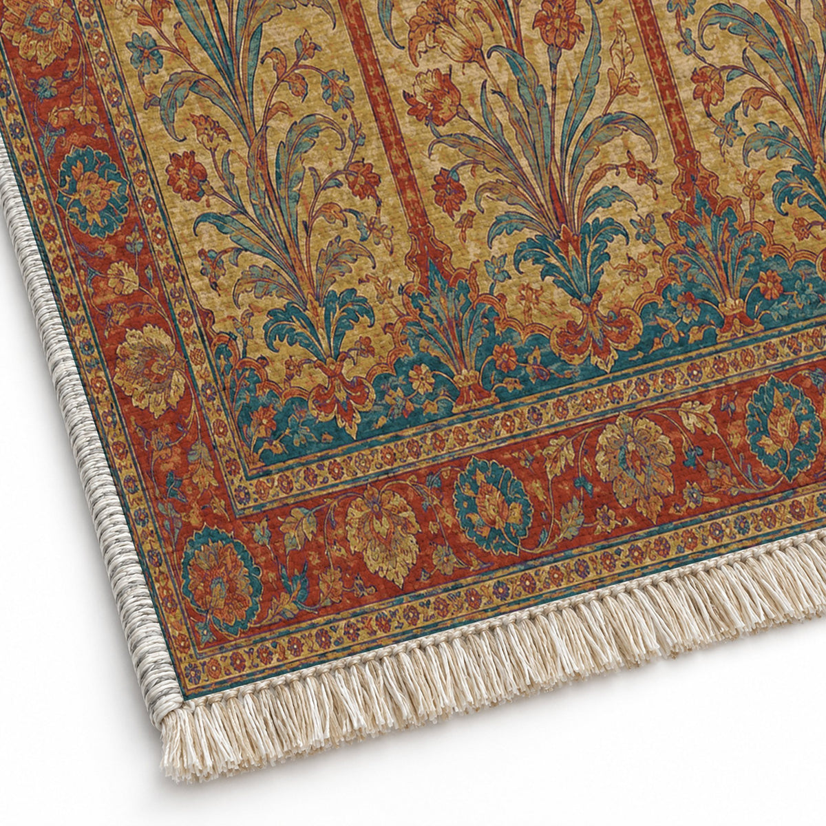 Lily Niches Peacock & Ochre washable rug close-up of the printed chenille