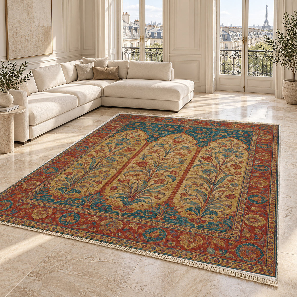 Lily Niches Peacock & Ochre washable rug angled room view on marble