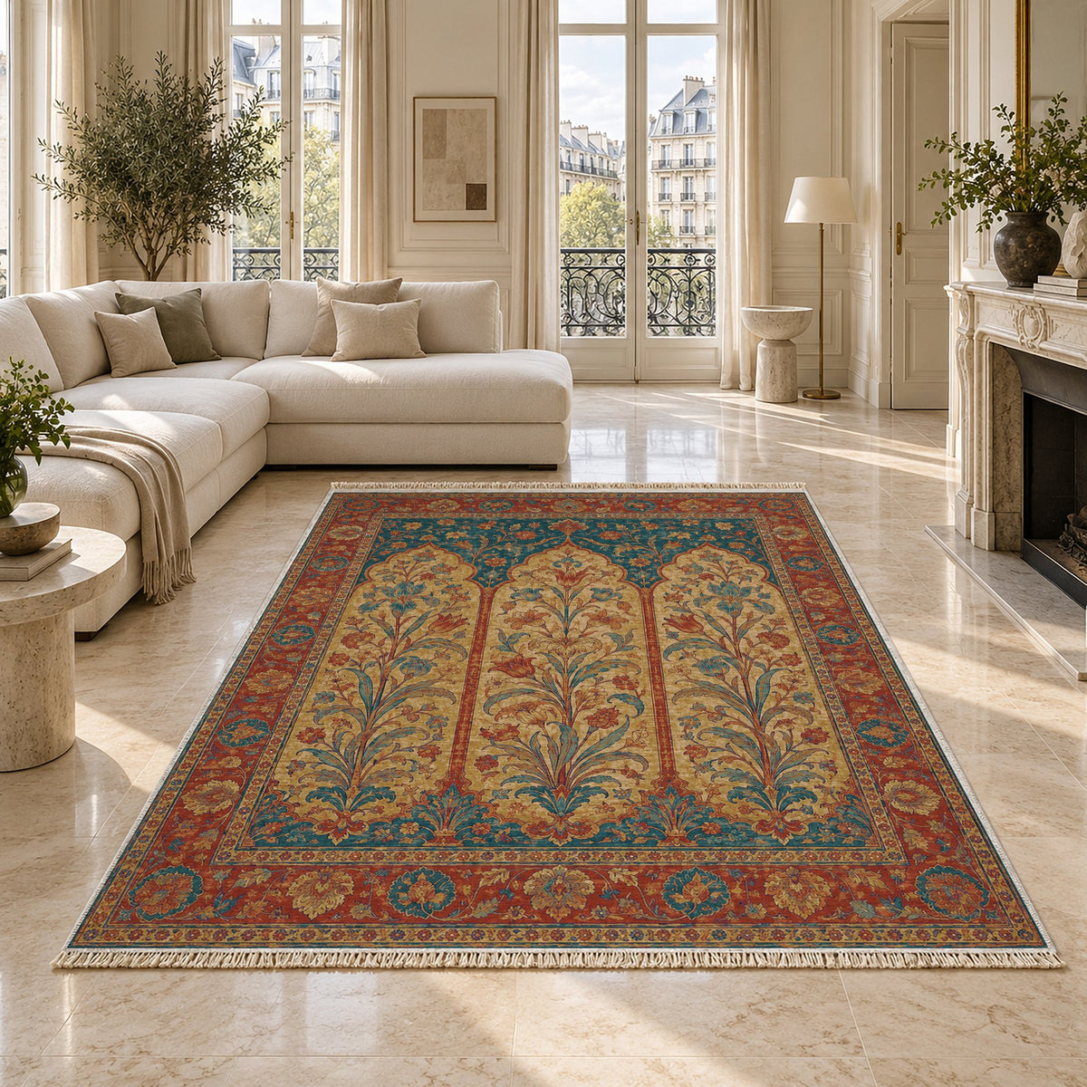 Lily Niches Peacock & Ochre washable rug on a marble floor
