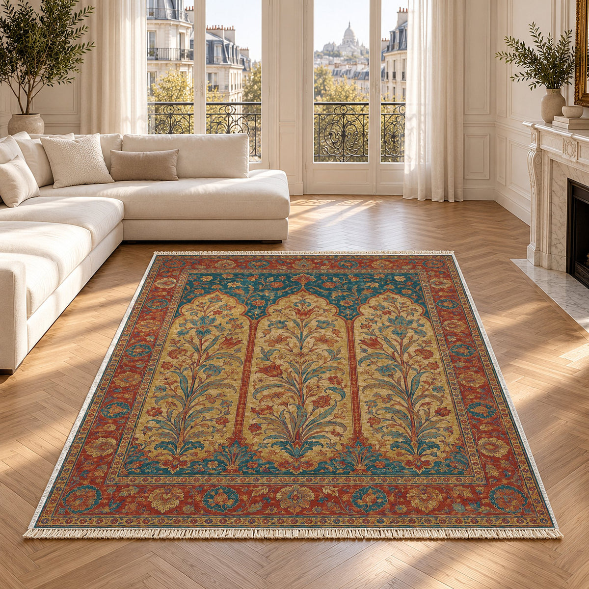 Lily Niches Peacock & Ochre washable rug in a Paris living room
