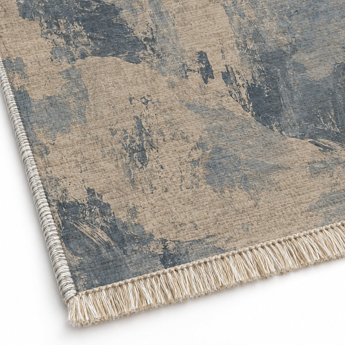 Limewash Field Oat & Dusty Blue washable rug close-up of the printed chenille