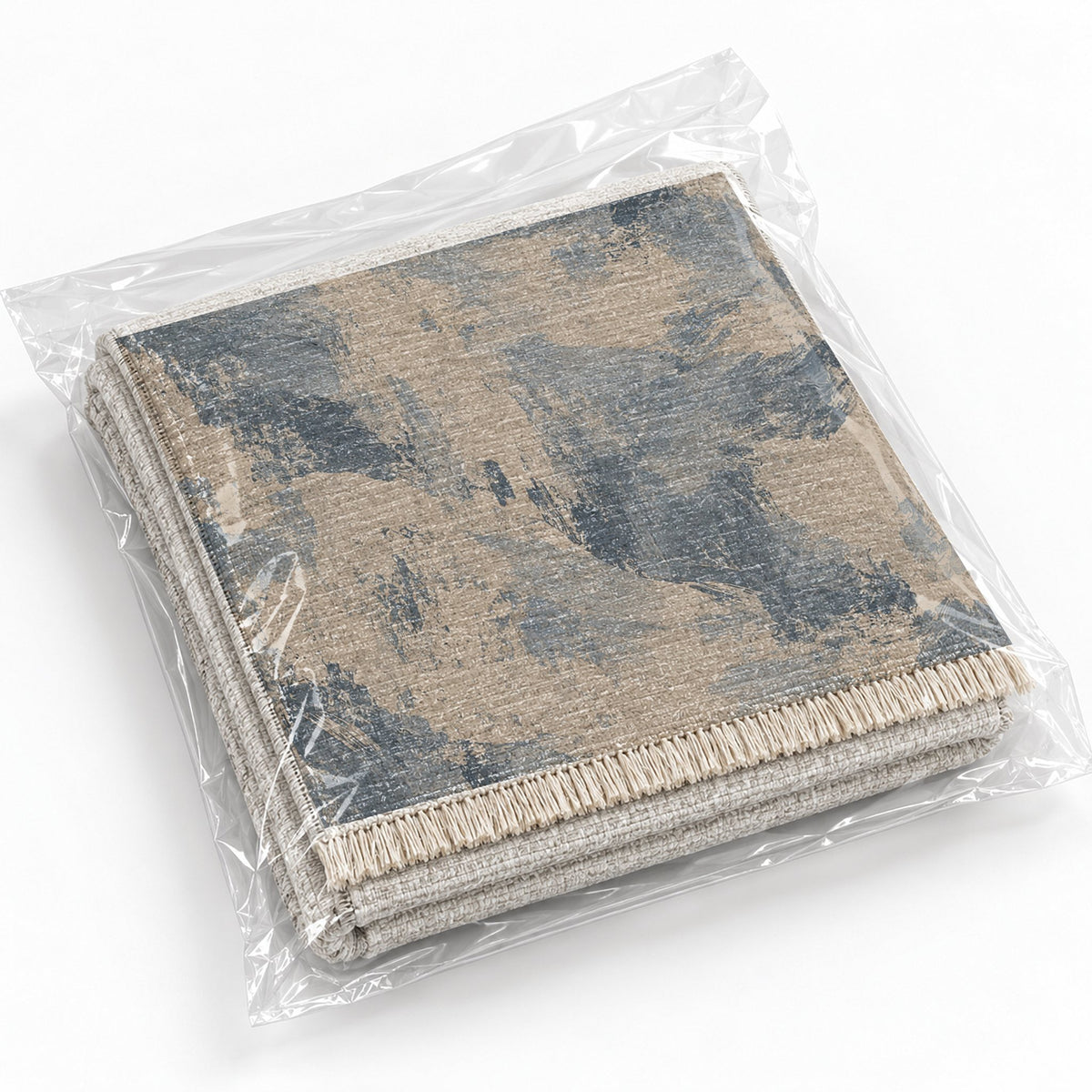Limewash Field Oat & Dusty Blue washable rug rolled and packaged