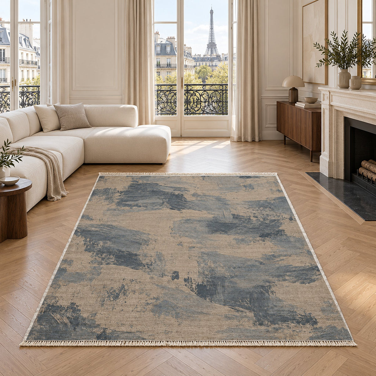 Limewash Field Oat & Dusty Blue washable rug in a living room with an Eiffel Tower view