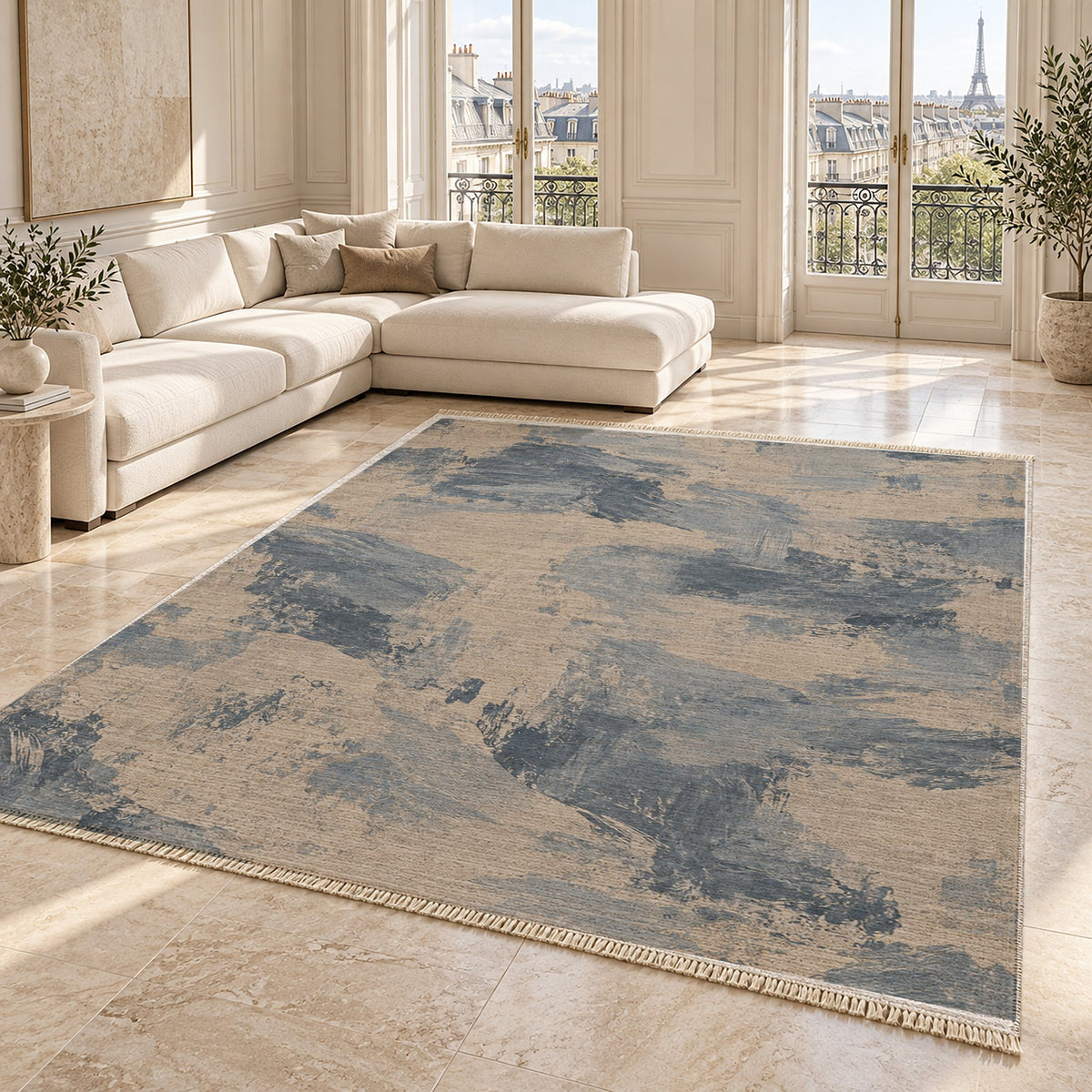 Limewash Field Oat & Dusty Blue washable rug angled room view on marble