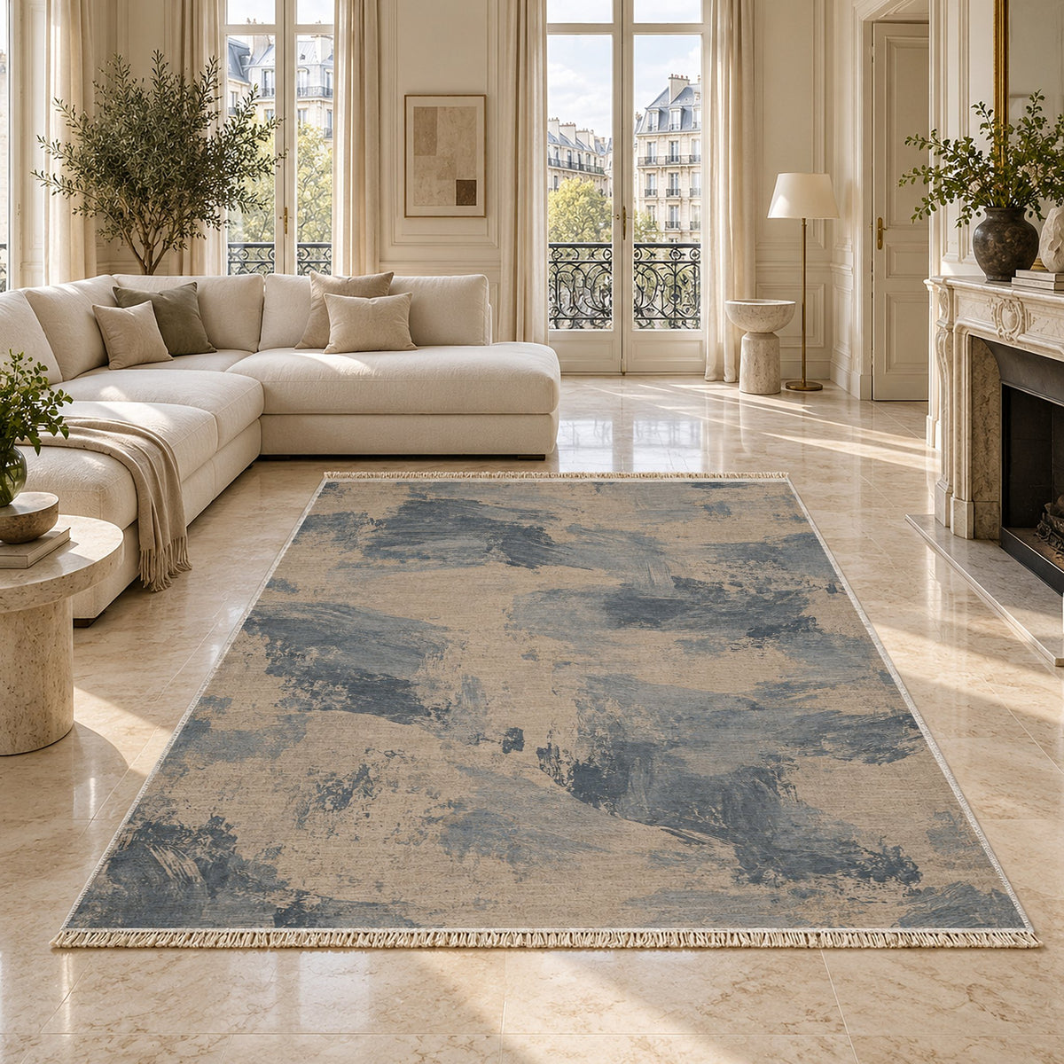 Limewash Field Oat & Dusty Blue washable rug on a marble floor