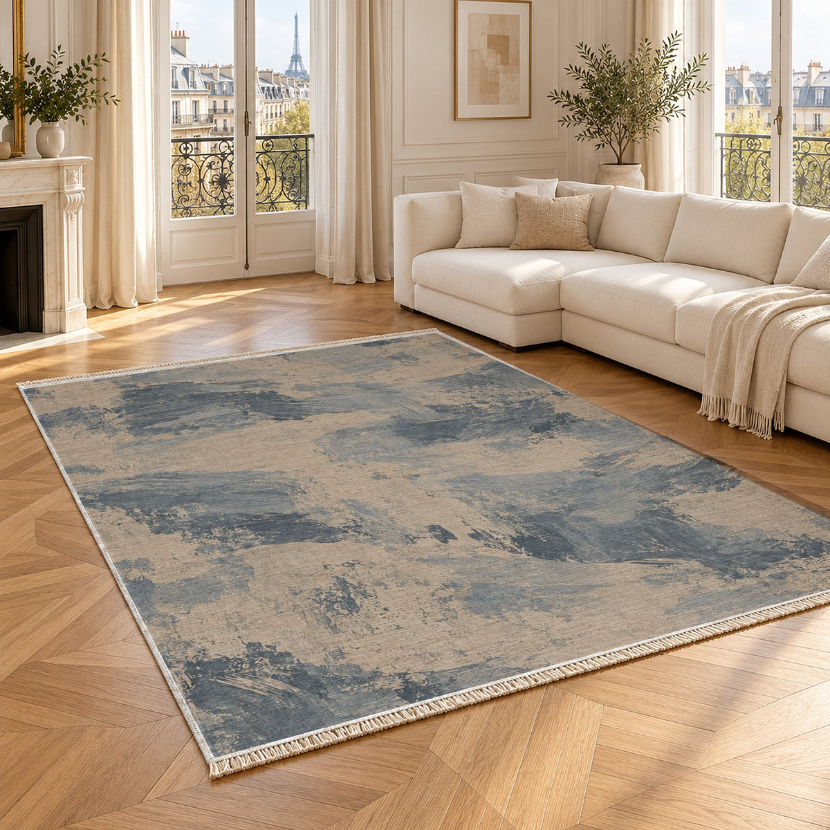 Limewash Field Oat & Dusty Blue washable rug angled room view