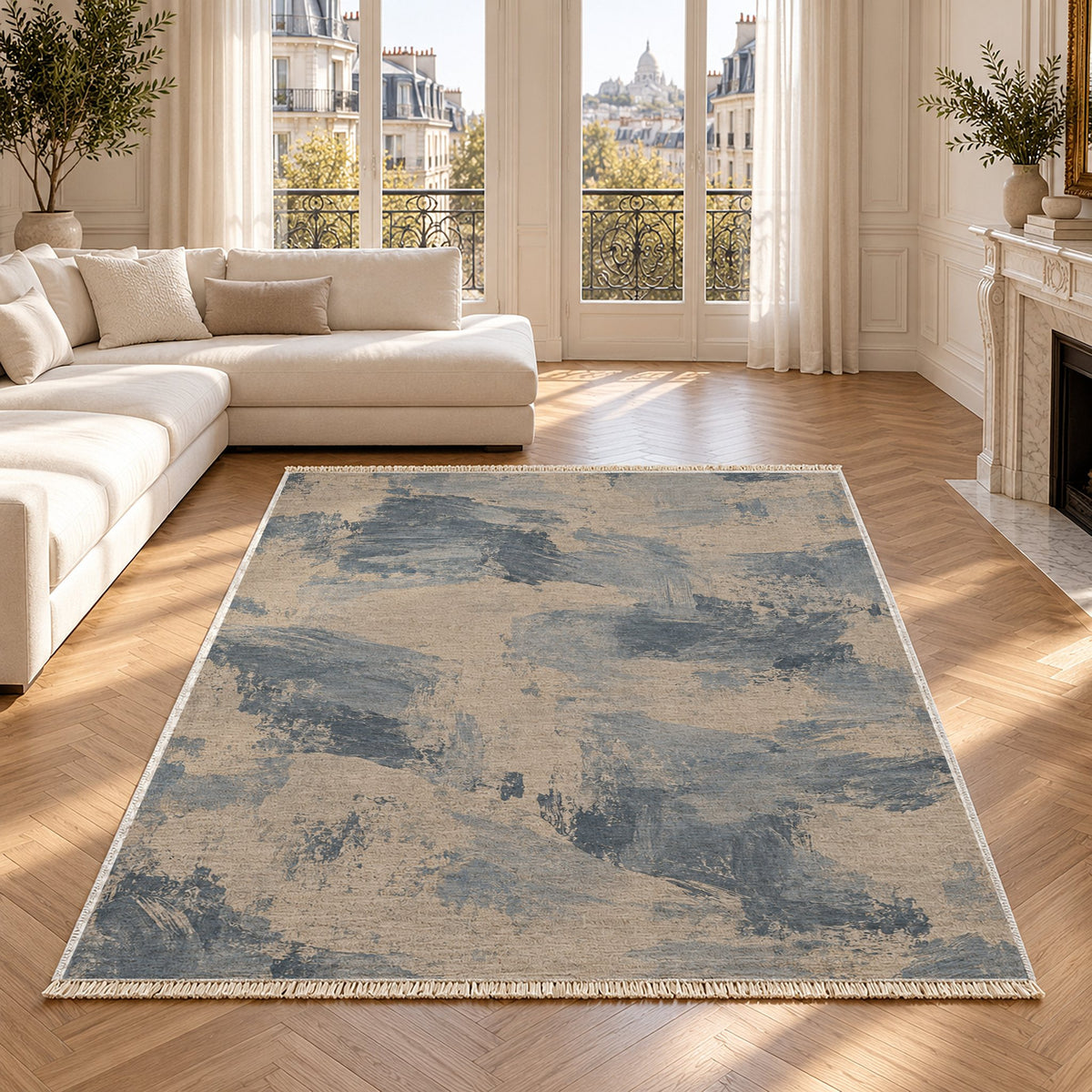 Limewash Field Oat & Dusty Blue washable rug in a Paris living room