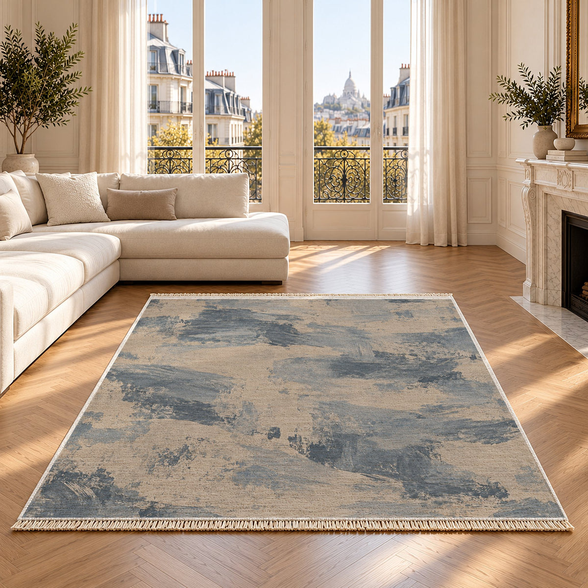 Limewash Field Oat & Dusty Blue washable rug on an oak floor