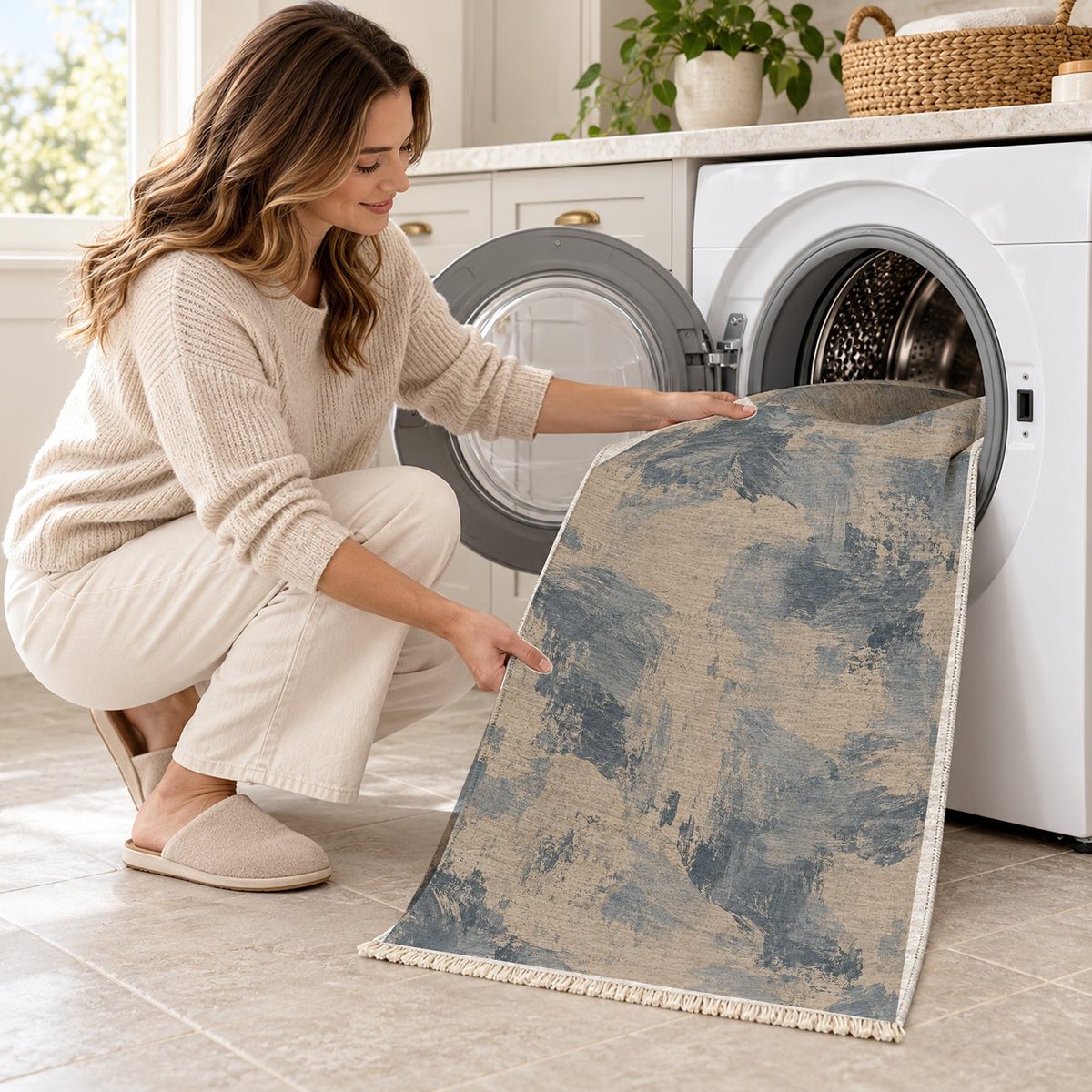 Limewash Field Oat & Dusty Blue washable rug being loaded into a washing machine