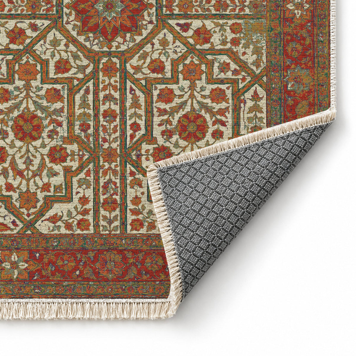 Lions Court Emerald & Terracotta washable rug folded corner showing the backing