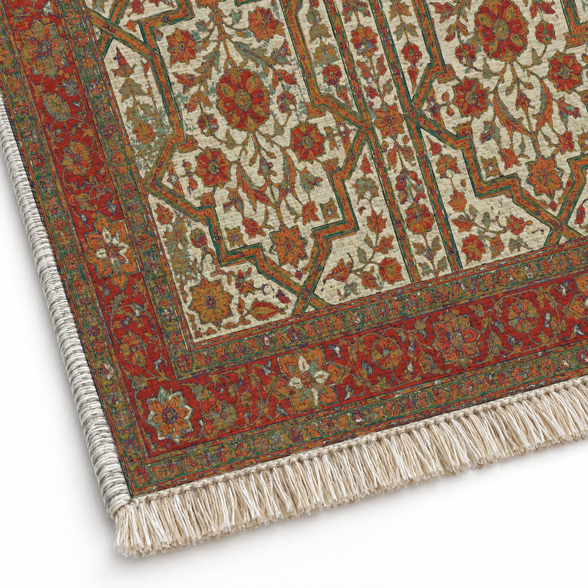 Lions Court Emerald & Terracotta washable rug close-up of the printed chenille