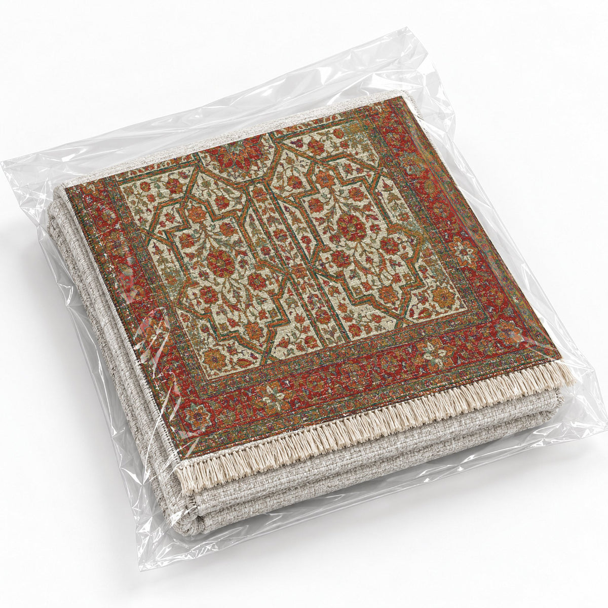 Lions Court Emerald & Terracotta washable rug rolled and packaged