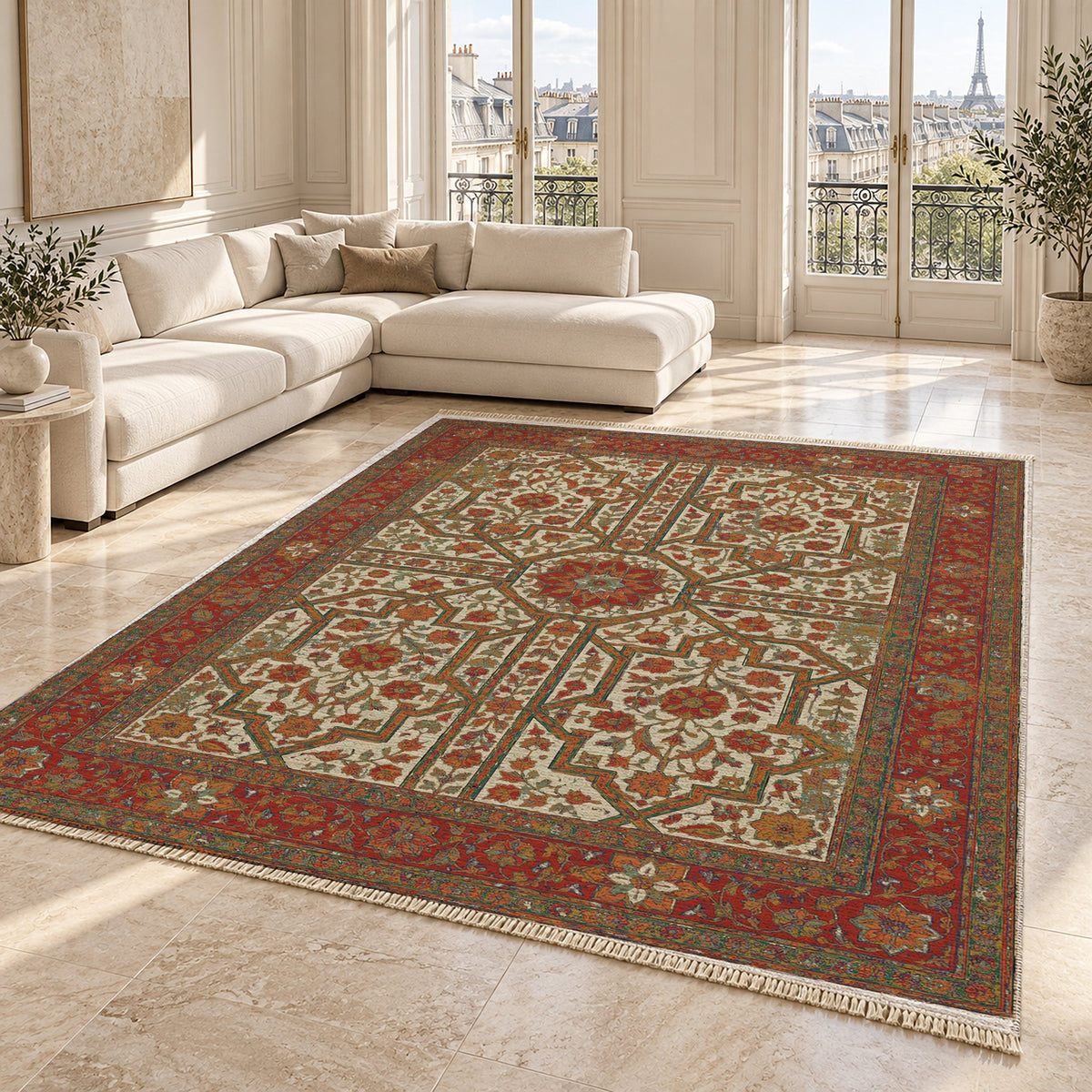 Lions Court Emerald & Terracotta washable rug angled room view on marble