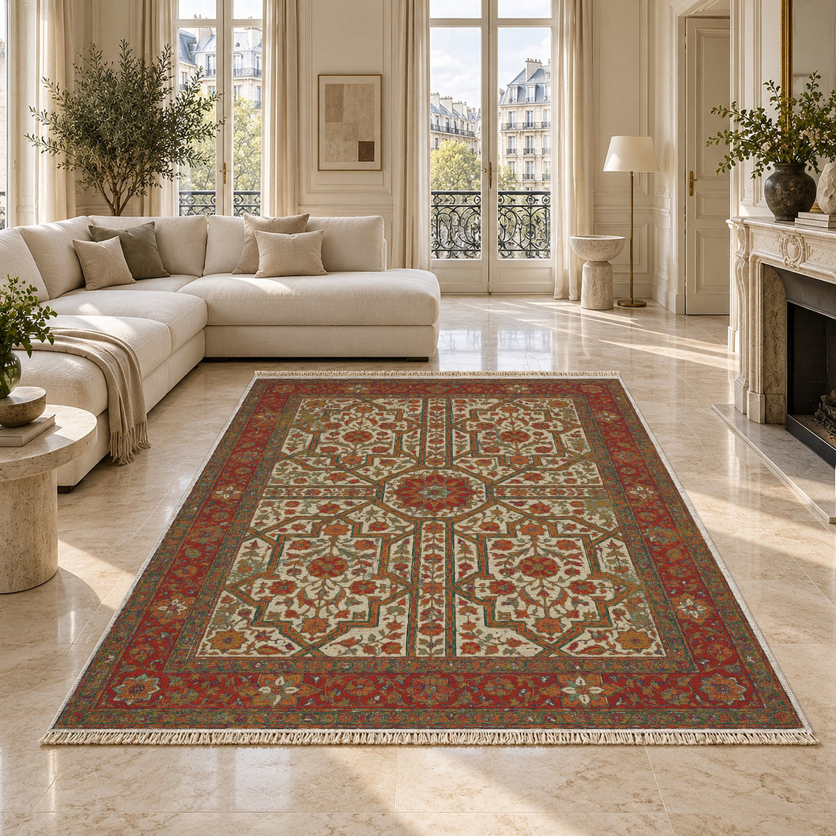 Lions Court Emerald & Terracotta washable rug on a marble floor