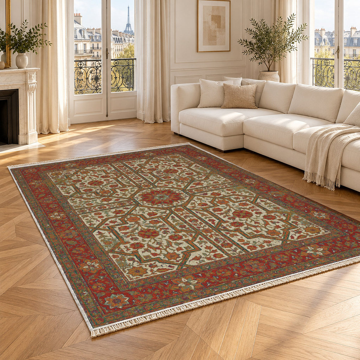 Lions Court Emerald & Terracotta washable rug angled room view