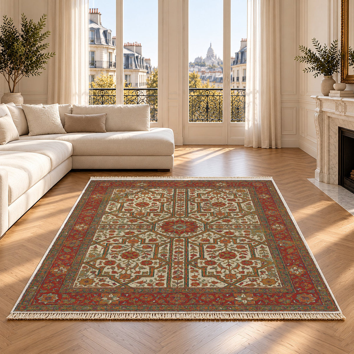 Lions Court Emerald & Terracotta washable rug on an oak floor