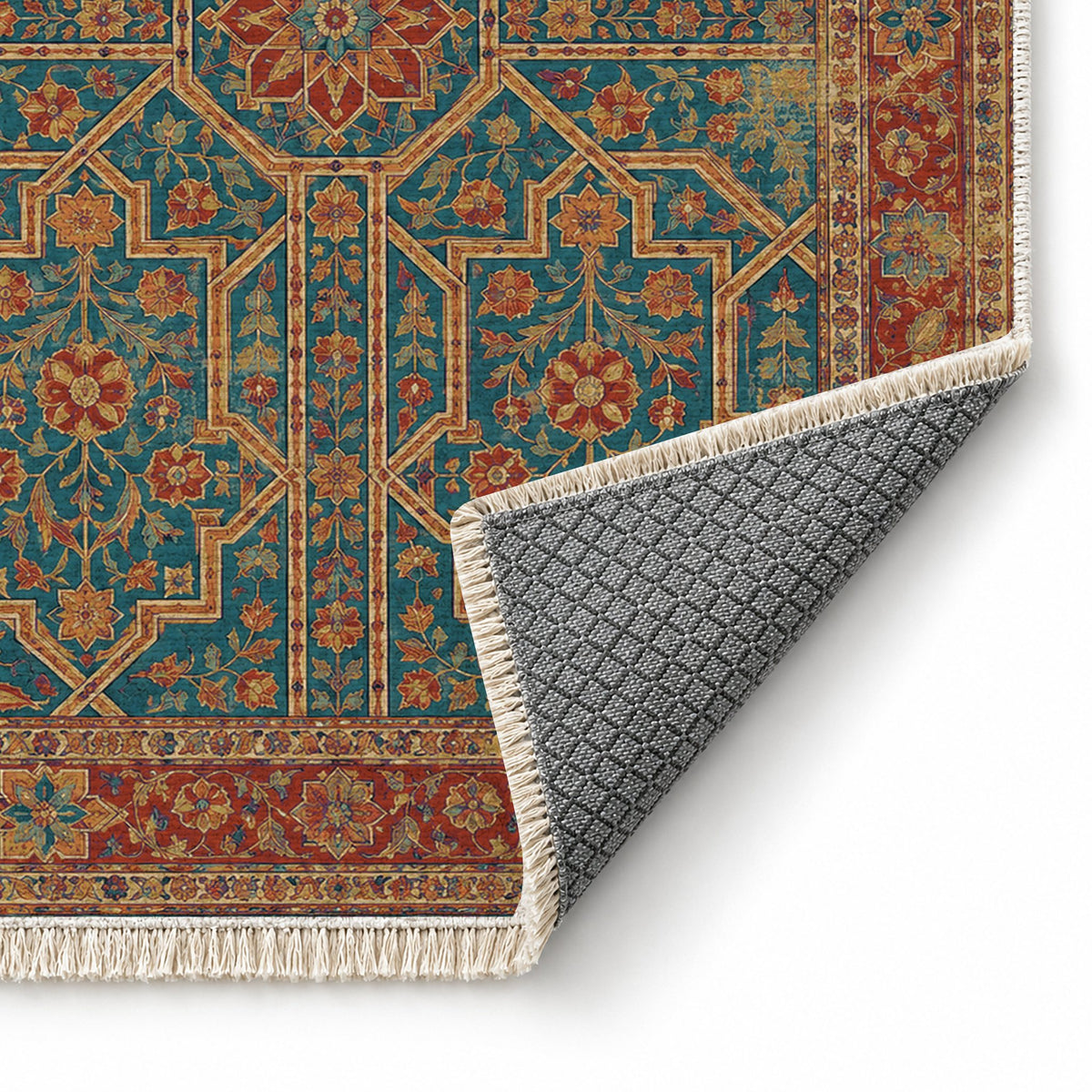 Lions Court Peacock & Ochre washable rug folded corner showing the backing