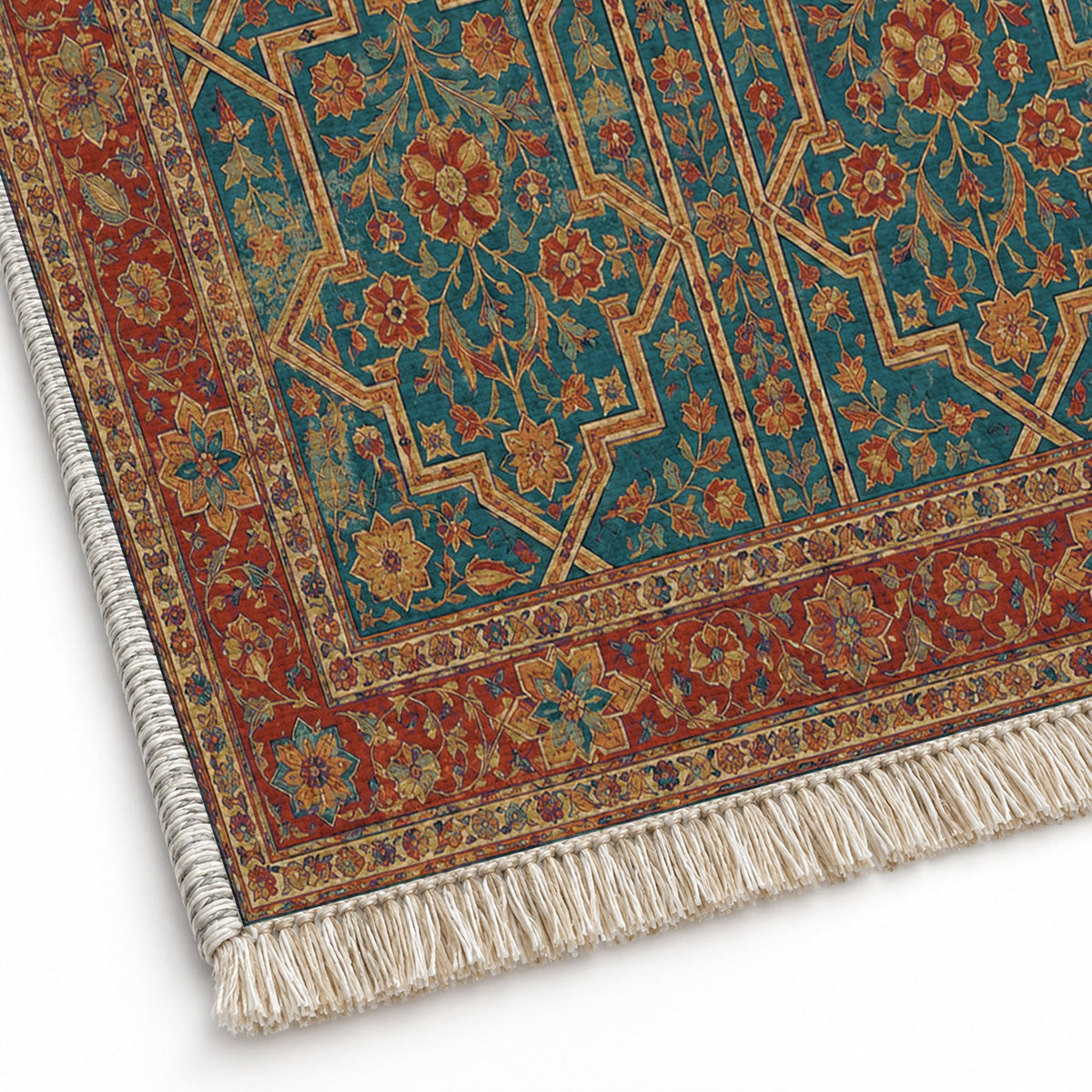 Lions Court Peacock & Ochre washable rug close-up of the printed chenille