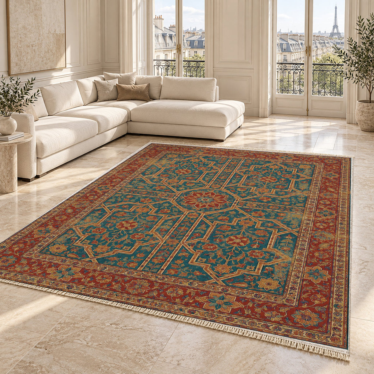 Lions Court Peacock & Ochre washable rug angled room view on marble