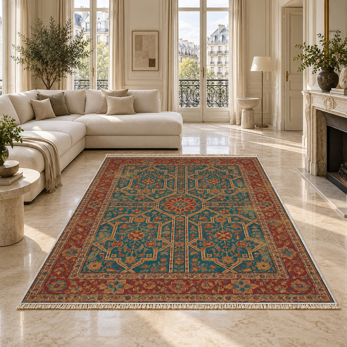 Lions Court Peacock & Ochre washable rug on a marble floor