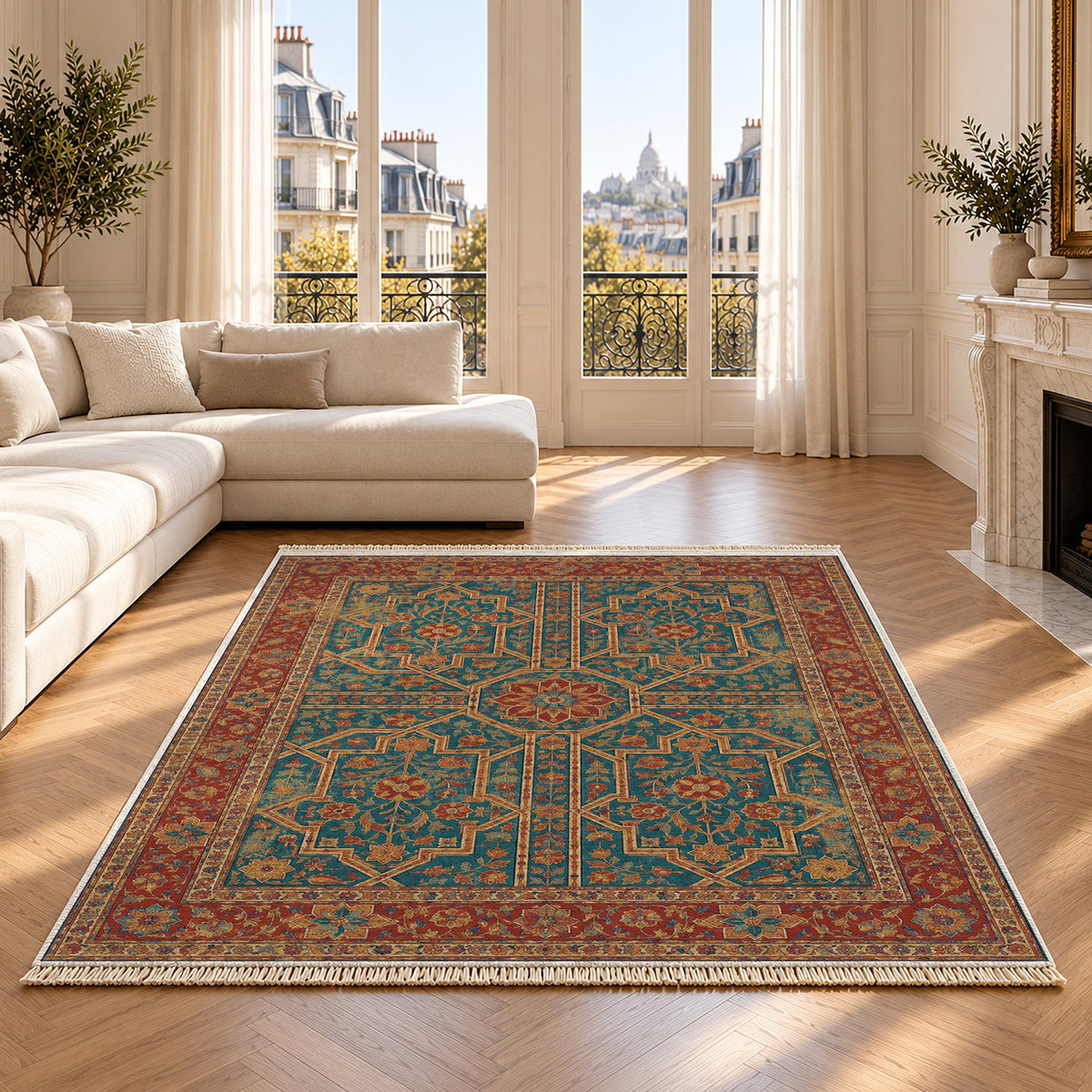 Lions Court Peacock & Ochre washable rug on an oak floor