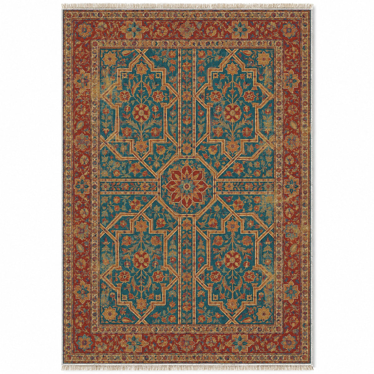 Lions Court Peacock & Ochre washable rug top view