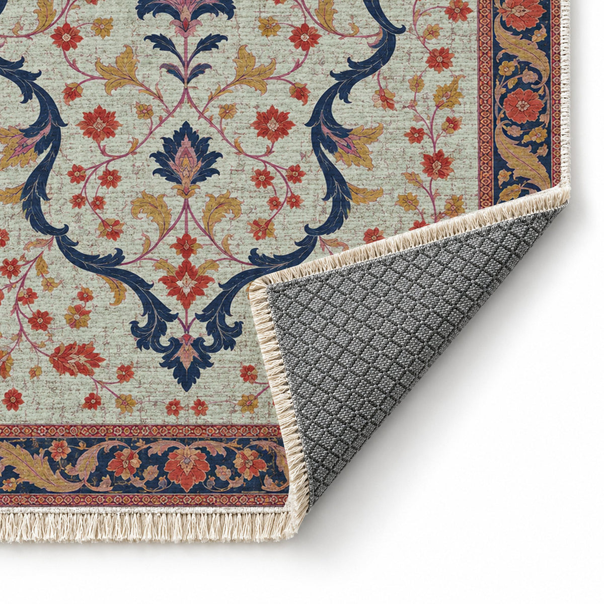 Lobed Ogee Passage Glacier, Ink & Vermilion washable rug folded corner showing the backing