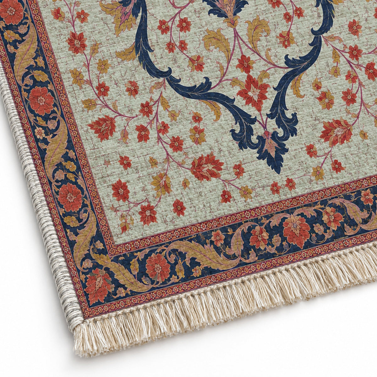 Lobed Ogee Passage Glacier, Ink & Vermilion washable rug close-up of the printed chenille