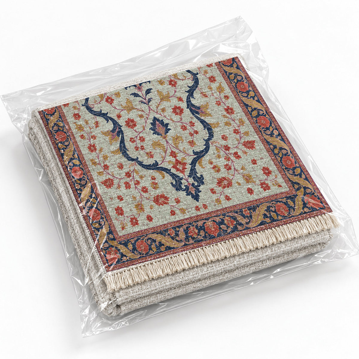 Lobed Ogee Passage Glacier, Ink & Vermilion washable rug rolled and packaged