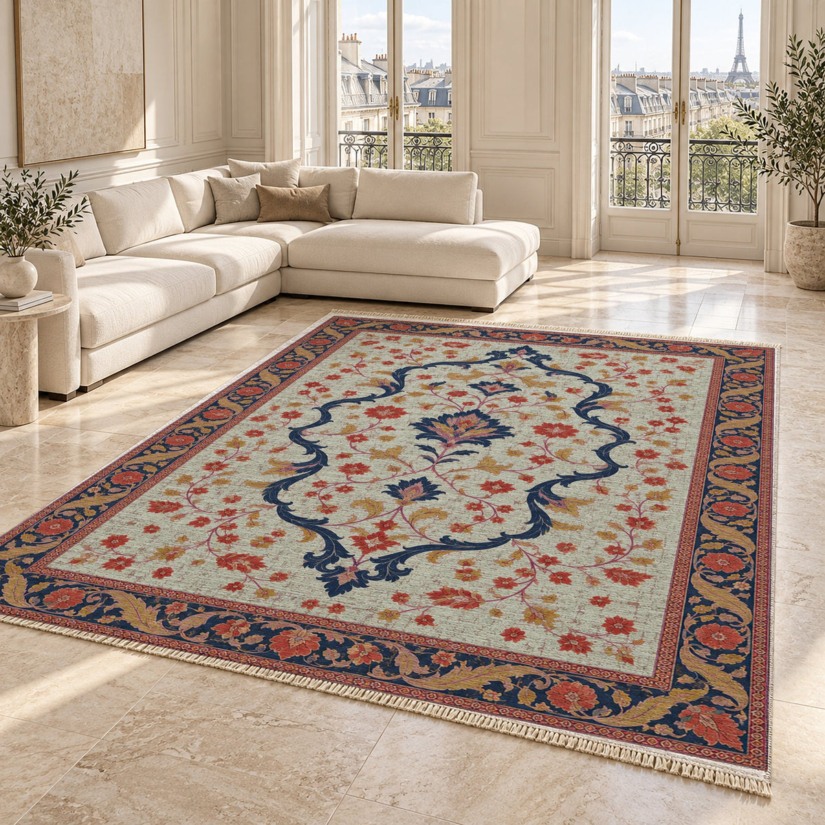 Lobed Ogee Passage Glacier, Ink & Vermilion washable rug angled room view on marble