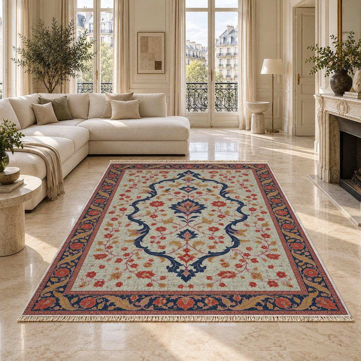 Lobed Ogee Passage Glacier, Ink & Vermilion washable rug on a marble floor