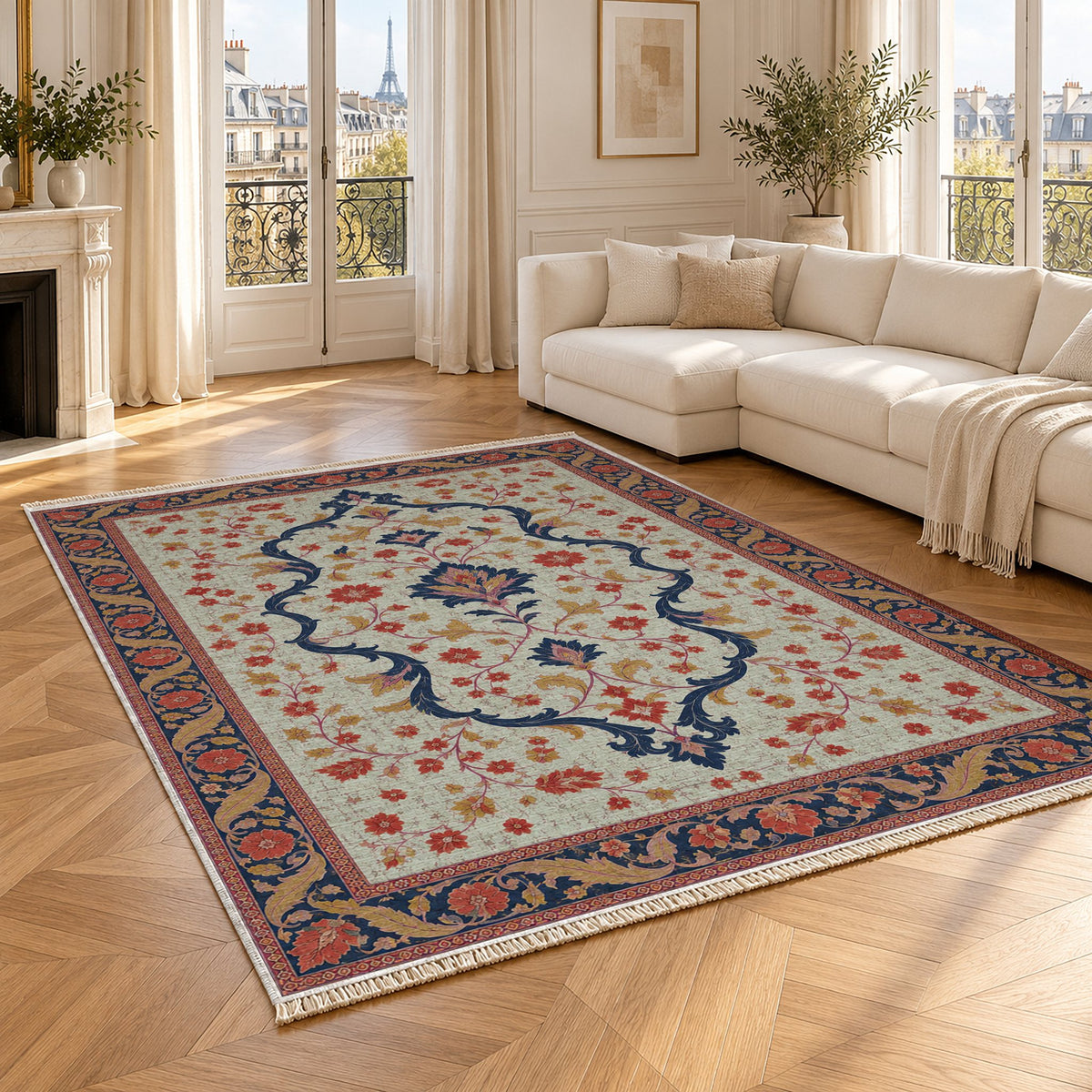 Lobed Ogee Passage Glacier, Ink & Vermilion washable rug angled room view
