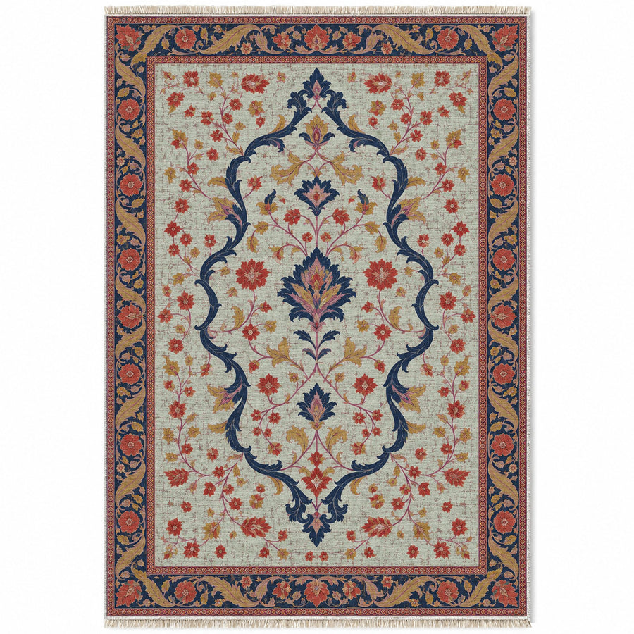Lobed Ogee Passage Glacier, Ink & Vermilion Distressed Washable Rug