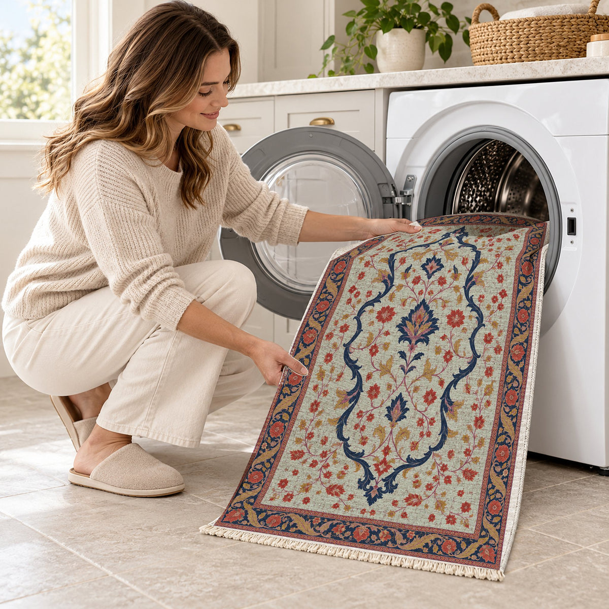 Lobed Ogee Passage Glacier, Ink & Vermilion washable rug being loaded into a washing machine