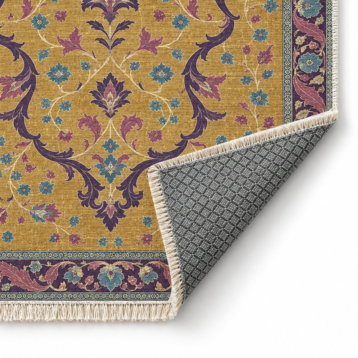 Lobed Ogee Passage Golden, Plum & Azure washable rug folded corner showing the backing