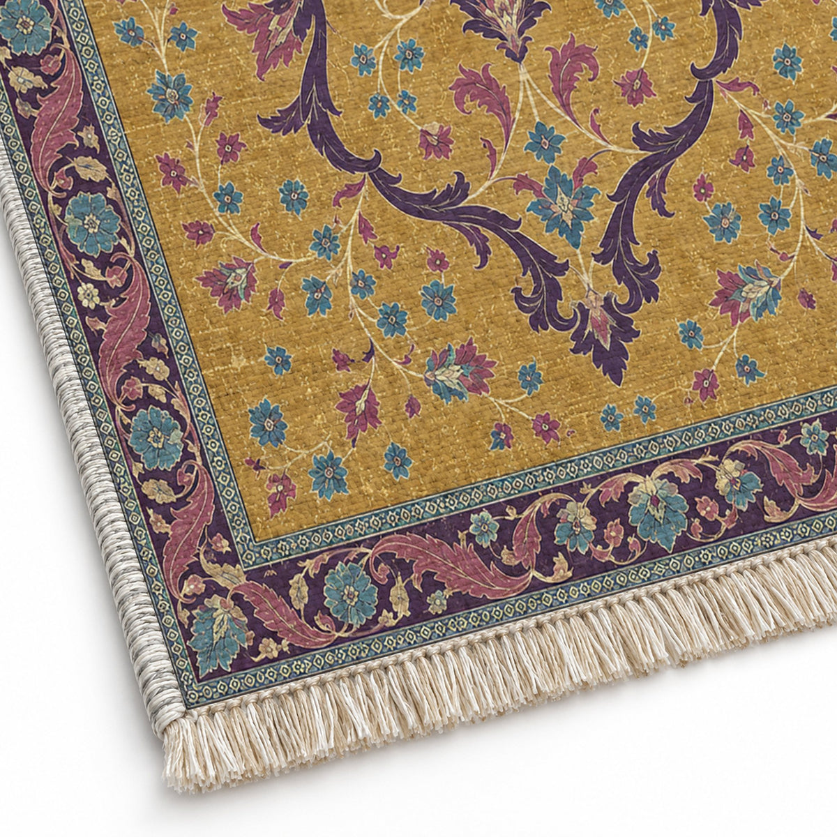 Lobed Ogee Passage Golden, Plum & Azure washable rug close-up of the printed chenille