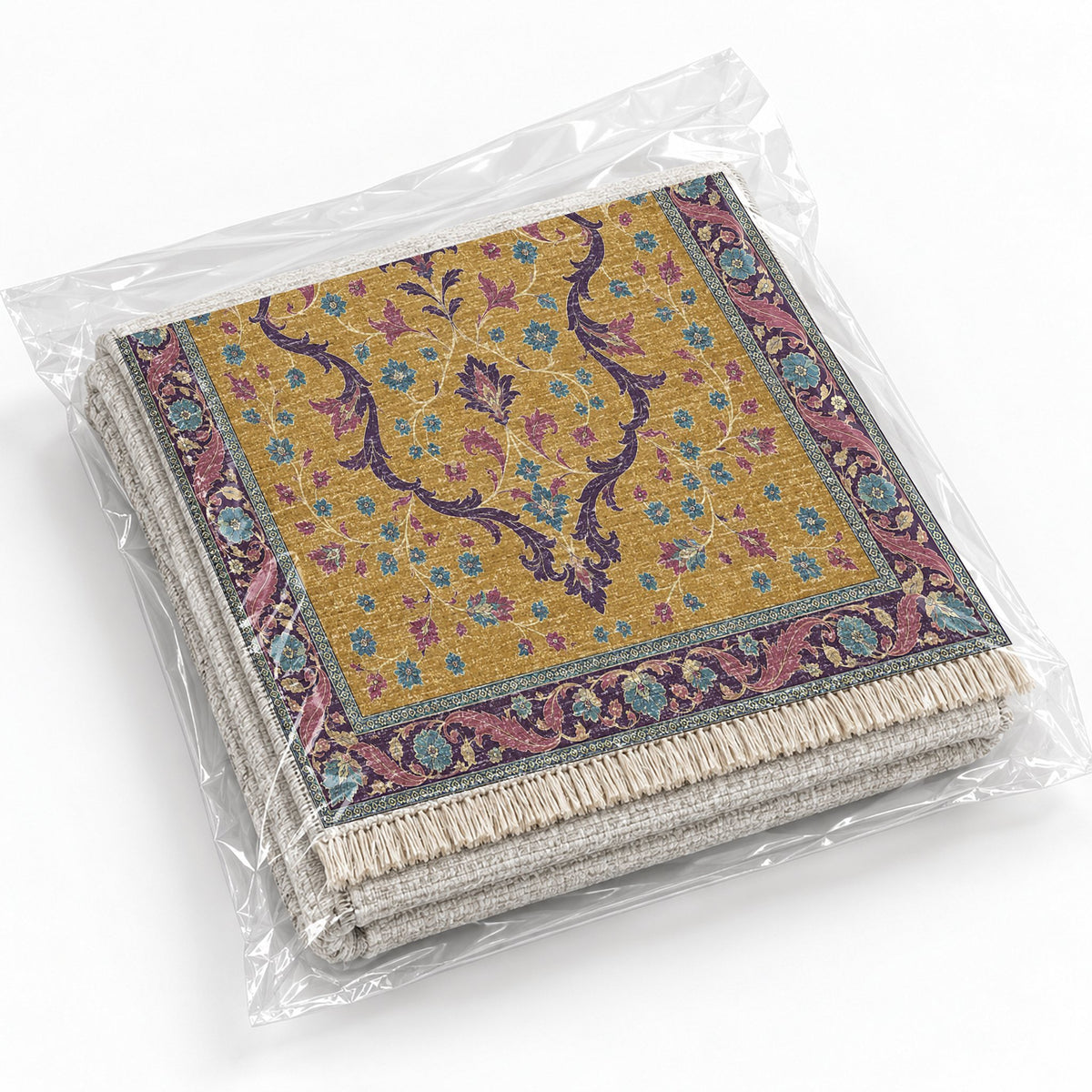 Lobed Ogee Passage Golden, Plum & Azure washable rug rolled and packaged