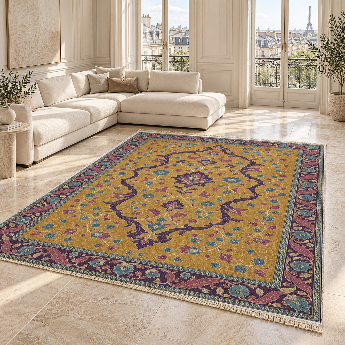 Lobed Ogee Passage Golden, Plum & Azure washable rug angled room view on marble