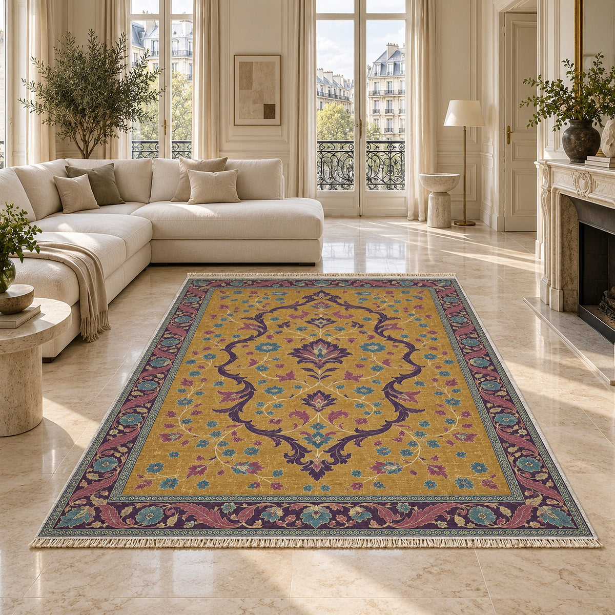 Lobed Ogee Passage Golden, Plum & Azure washable rug on a marble floor