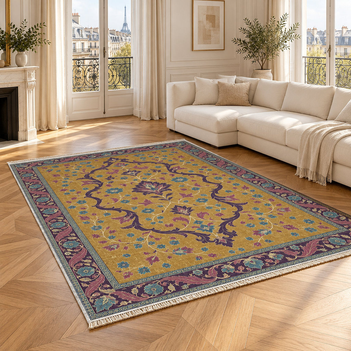 Lobed Ogee Passage Golden, Plum & Azure washable rug angled room view