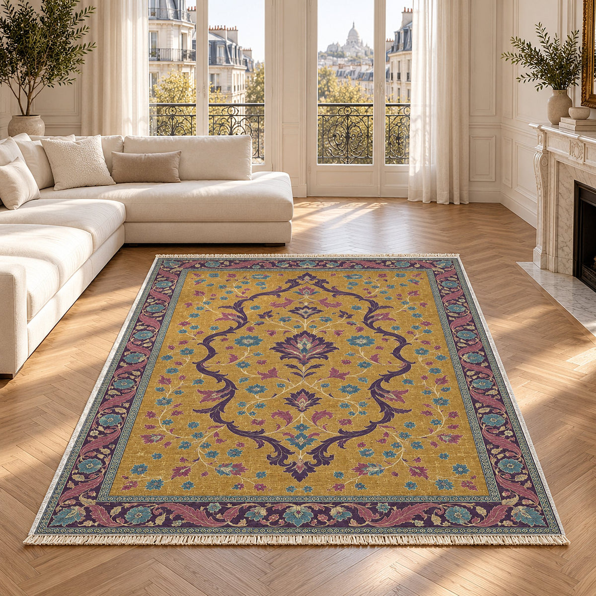 Lobed Ogee Passage Golden, Plum & Azure washable rug in a Paris living room