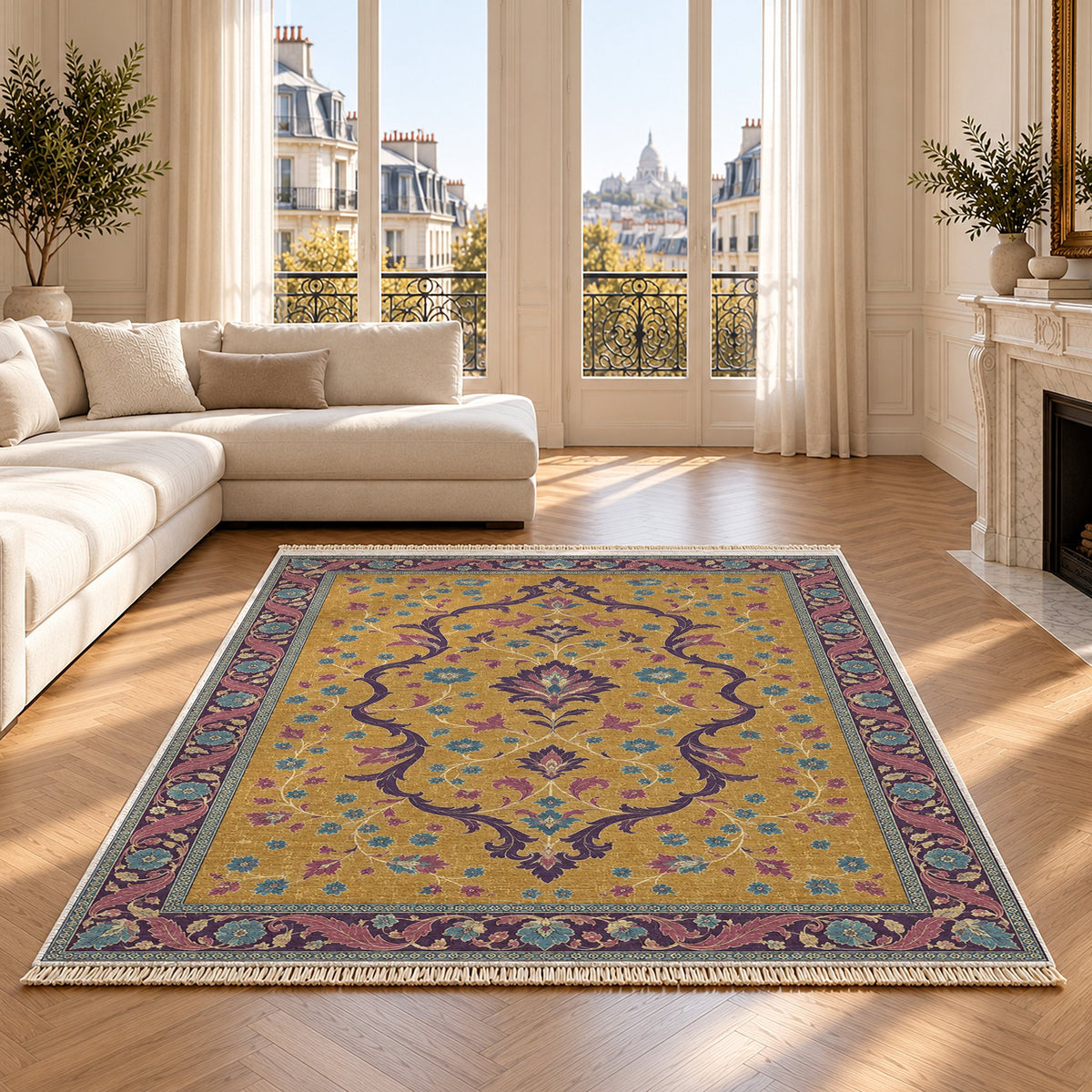 Lobed Ogee Passage Golden, Plum & Azure washable rug on an oak floor