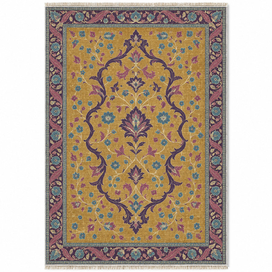 Lobed Ogee Passage Golden, Plum & Azure Distressed Washable Rug