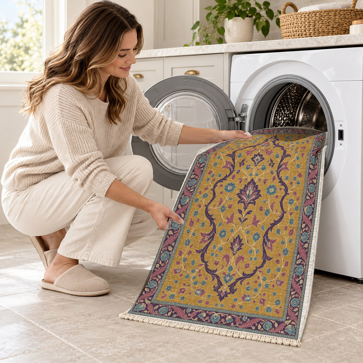 Lobed Ogee Passage Golden, Plum & Azure washable rug being loaded into a washing machine