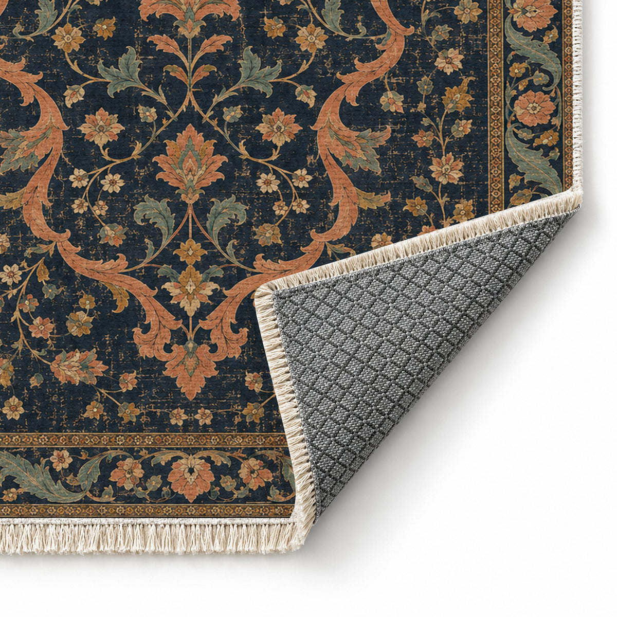 Lobed Ogee Passage Midnight & Melon washable rug folded corner showing the backing