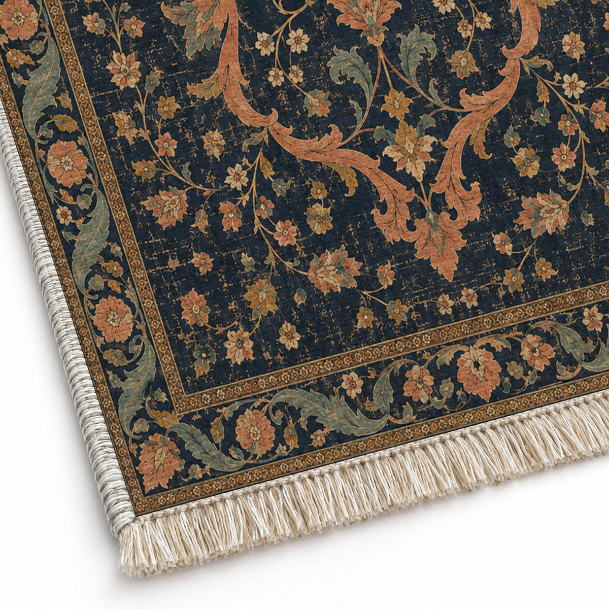 Lobed Ogee Passage Midnight & Melon washable rug close-up of the printed chenille