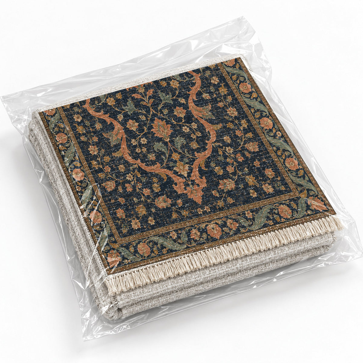 Lobed Ogee Passage Midnight & Melon washable rug rolled and packaged