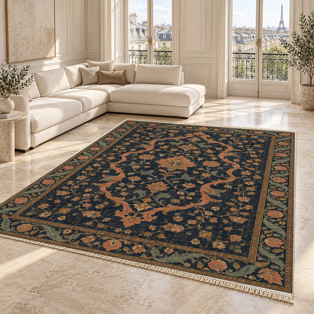 Lobed Ogee Passage Midnight & Melon washable rug angled room view on marble